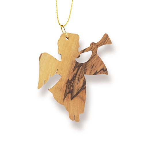 Holy Land Olive Wood Angel with Trumpet Christmas Ornament