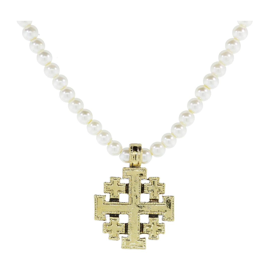 Jerusalem Cross Pendant Costume Pearl Necklace