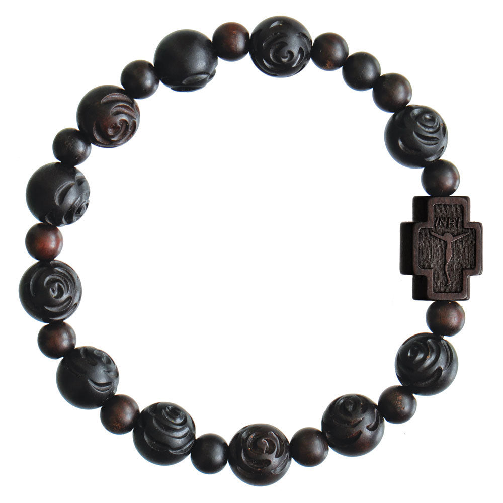 Jujube Carved Wood Rose Rosary Bracelet