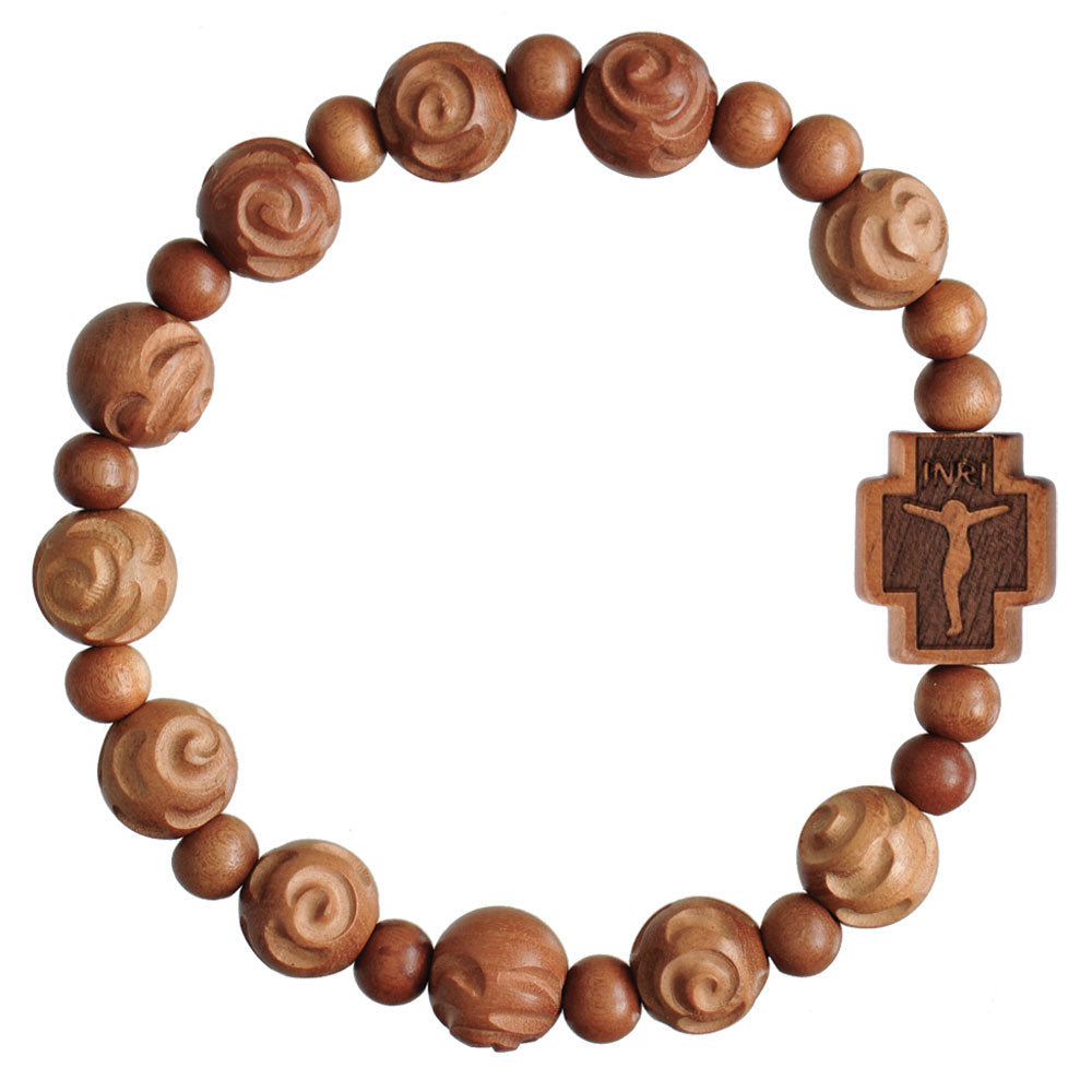 Light Carved Jujube Wood Rose Rosary Bracelet