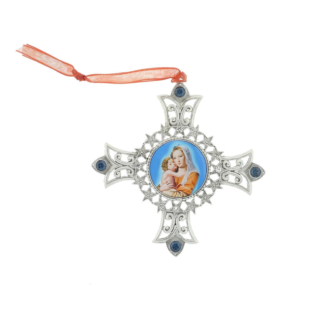 Mother and Child Decal Cross Ornament with Blue Crystal Accents