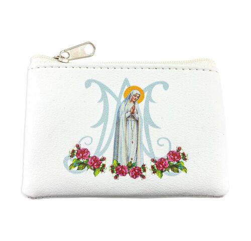Our Lady of Fatima White Leatherette Rosary Pouch