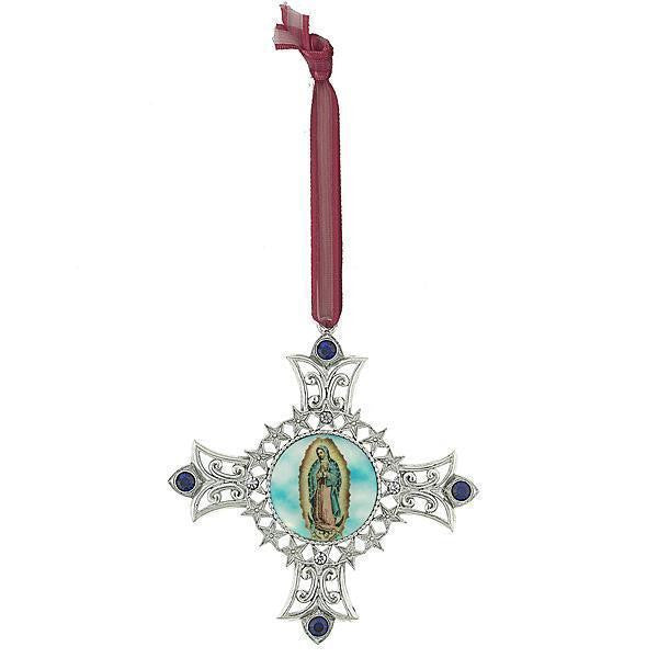 Our Lady of Guadalupe Decal Cross Ornament with Blue Crystal Accents