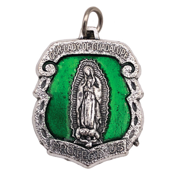1" Our Lady of Guadalupe Silver Tone Medal with Green Enamel