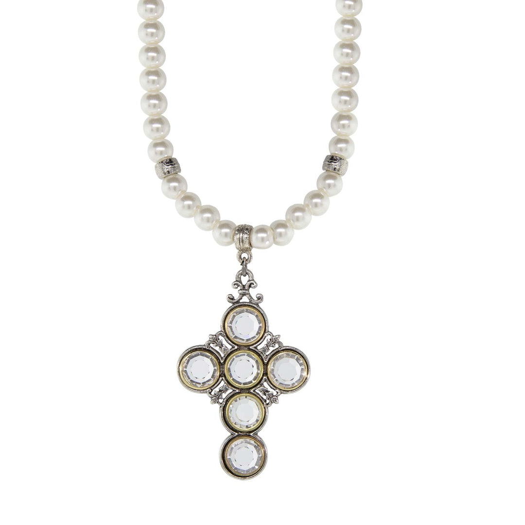 Pewter Crystal Cross Costume Pearl Necklace