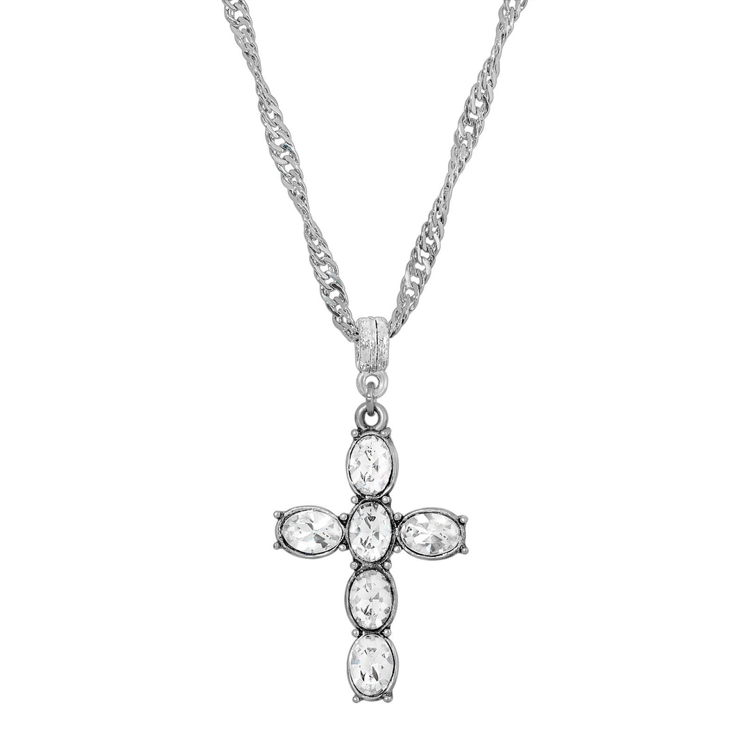 Pewter Crystal Cross Twisted Necklace