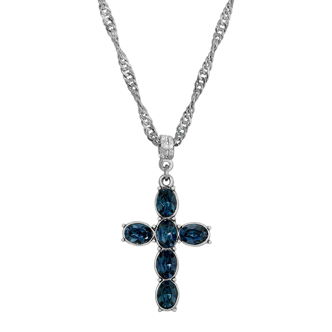 Pewter Blue Crystal Cross Twisted Necklace