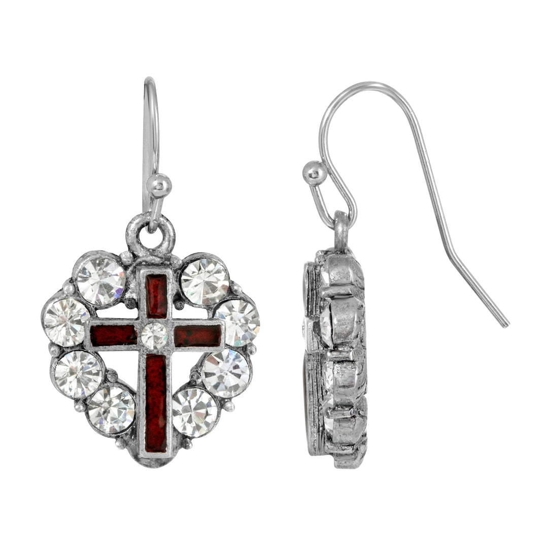 Pewter Heart Shaped Crystal Stones & Red Enamel Cross Earrings