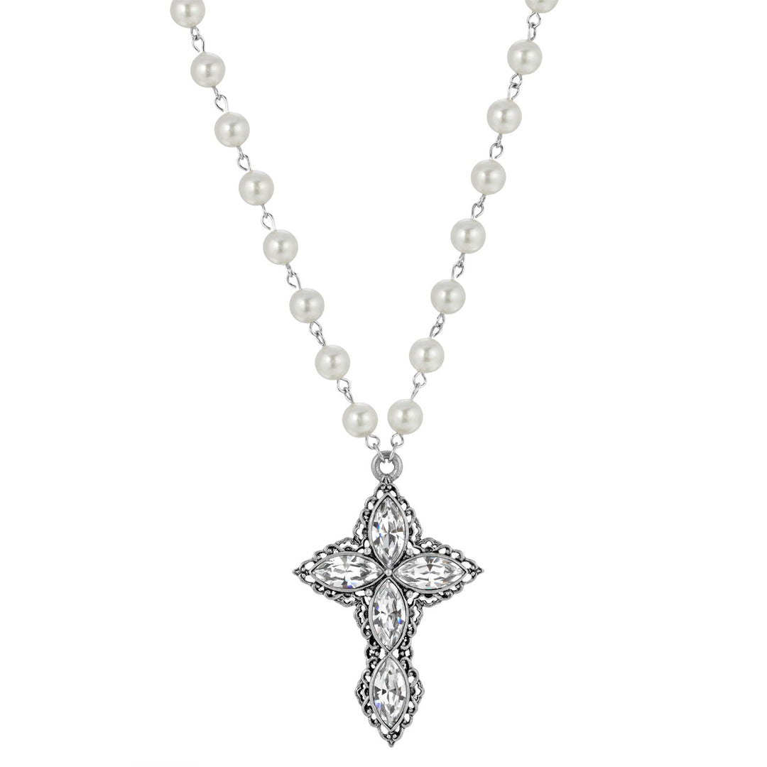 Pewter Navette Crystal And Faux Pearl Cross Necklace