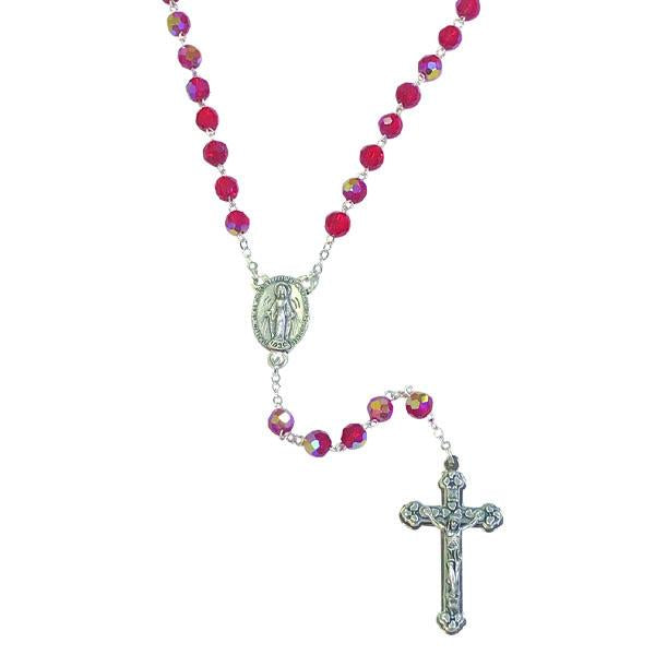 Red Aurora Borealis Crystal Rosary with Miraculous Medal
