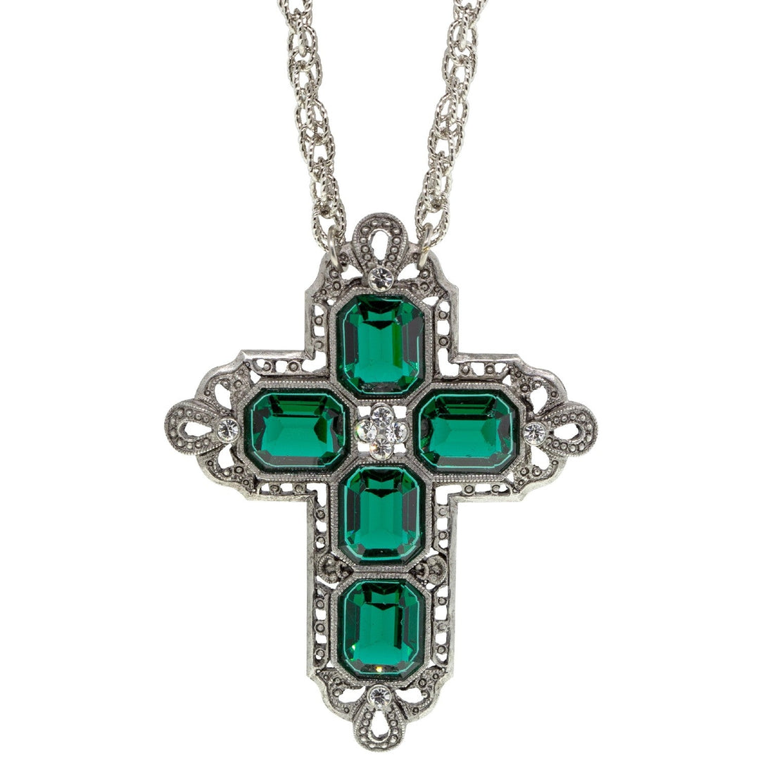 Regal Filigree Green Crystal Cross Pendant Necklace