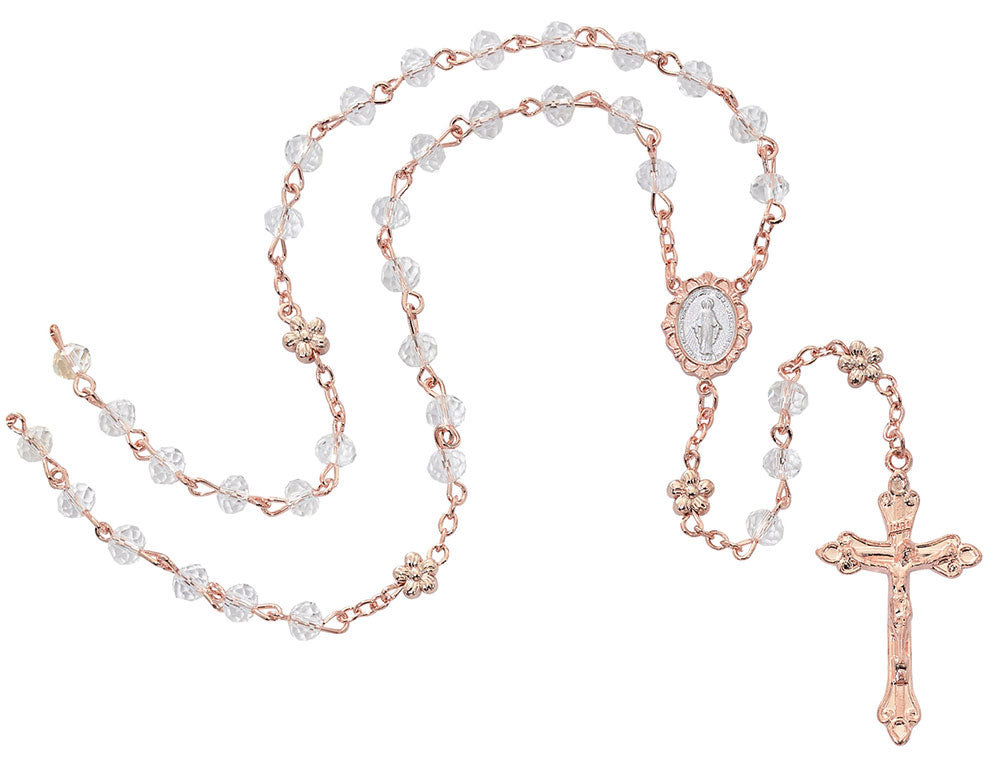 Imitation Rose Gold Crystal Rosary With Miraculous Centerpiece