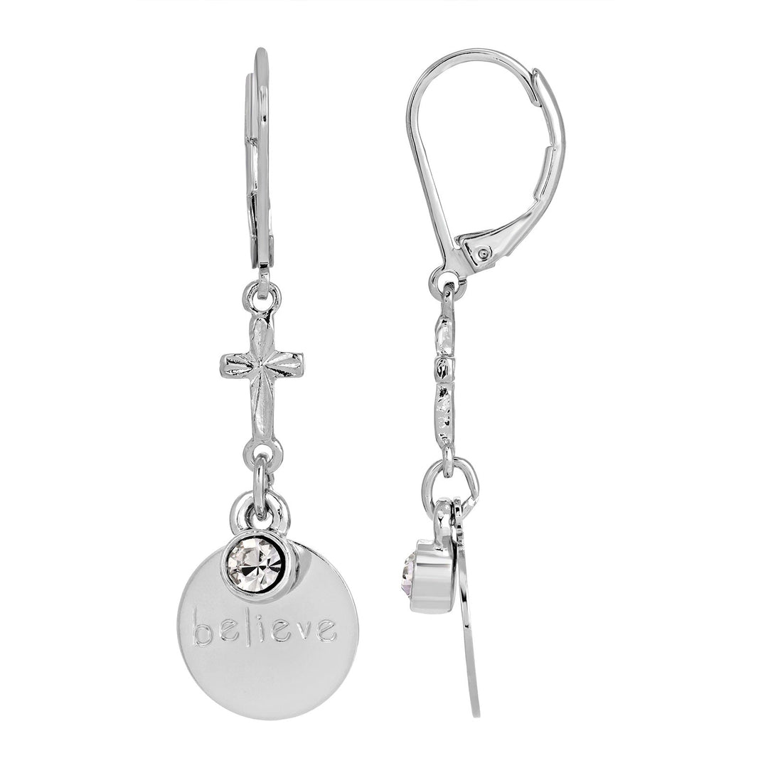 Sentiments Believe Cross and Crystal Drop Earrings