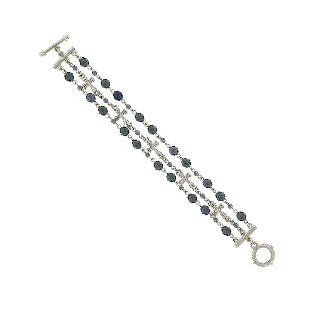 3 Row-Blue Bead & Cross Toggle Bracelet