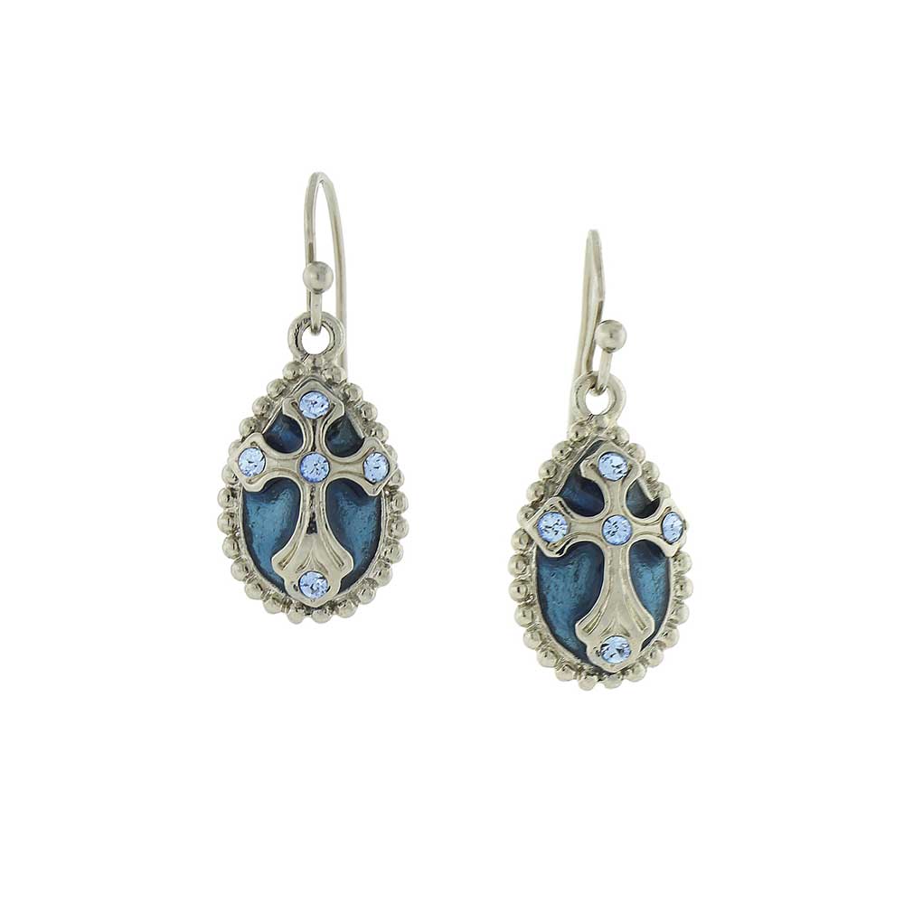 Blue Enamel Crystal Cross Drop Earrings