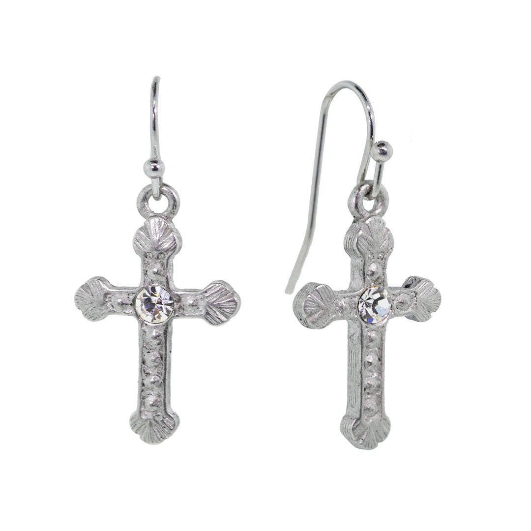 Silver-Tone Crystal Accent Ornate Cross Drop Earrings