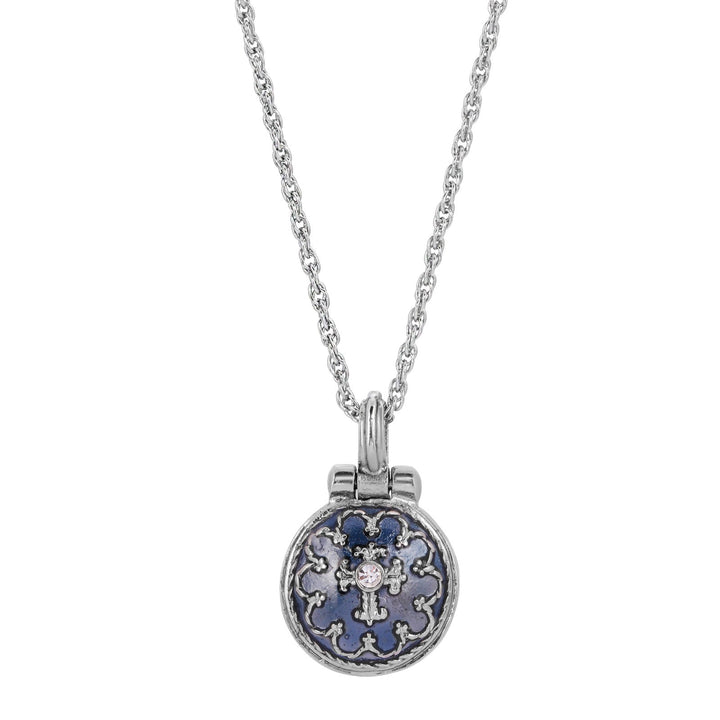 Silver-Tone Dark Blue Enamel Virgin Mary Locket Necklace