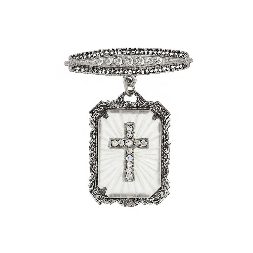 Frosted Stone Crystal Cross Drop Bar Pin