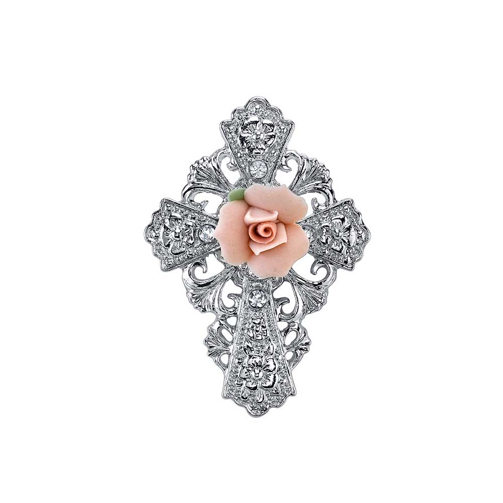 Pink Porcelain Rose Cross Pin