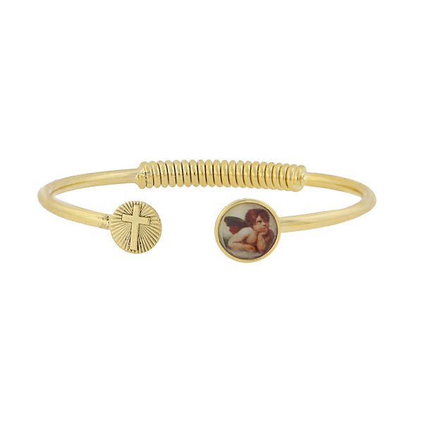 Spring Hinge Bracelet with Cross and Cherub Decal Accent