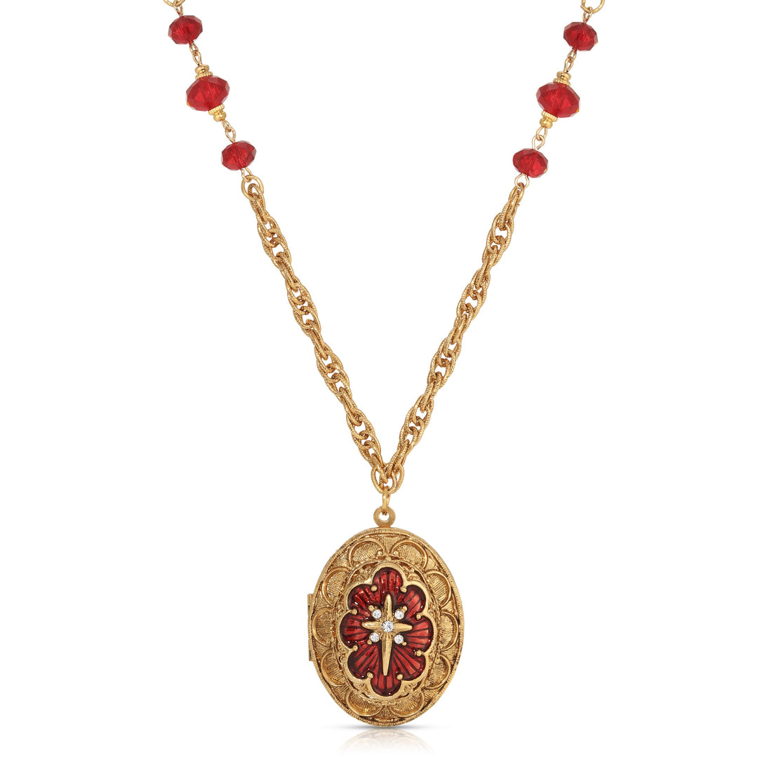 Star of Bethlehem Crystal Bead Red Enamel Locket Pendant Necklace