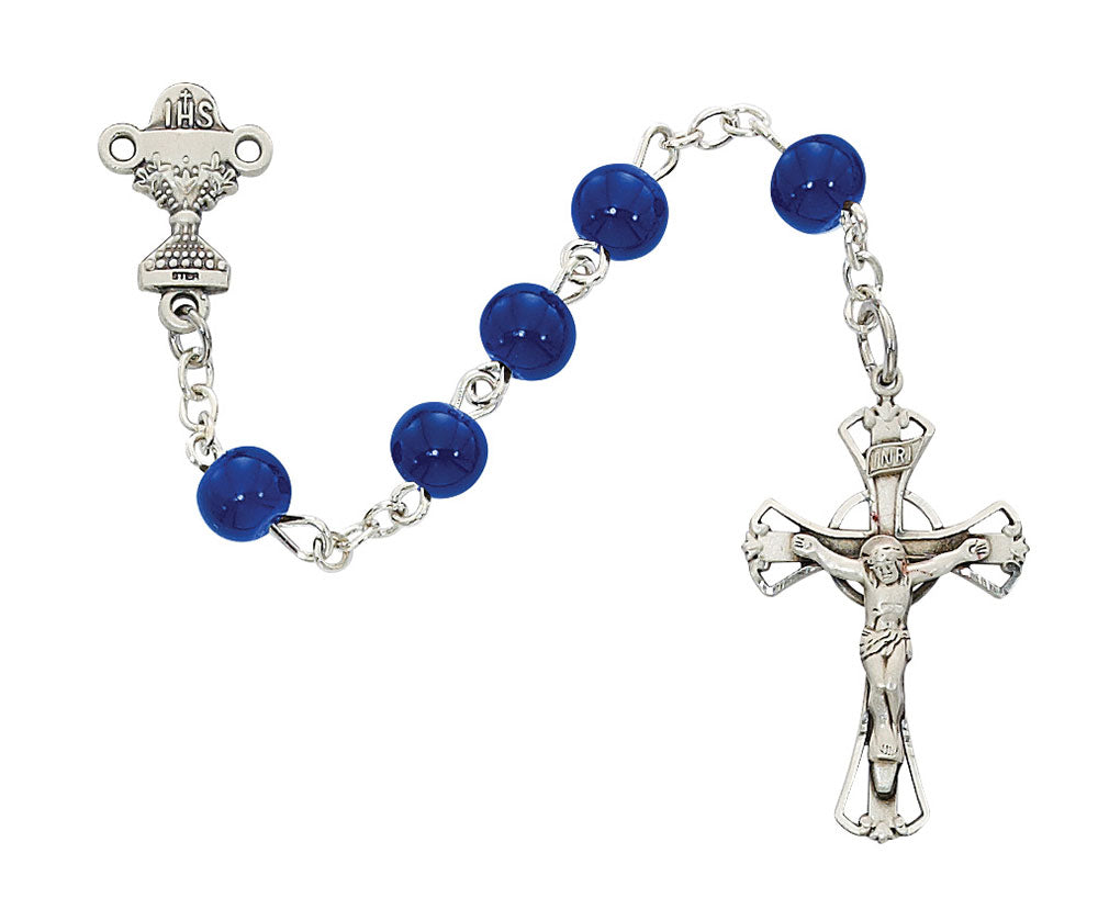 Sterling Silver 5mm Blue Glass First Communion Rosary