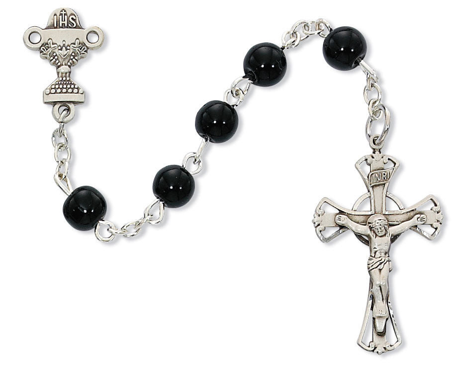 Sterling Silver 6mm Black Glass First Communion Rosary