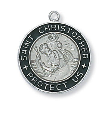 Sterling Silver Black/White Enameled St. Christopher Medal