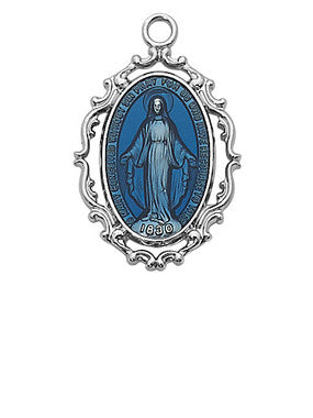 Sterling Silver Blue Miraculous Medal with 18" Rhodium Plated Chain