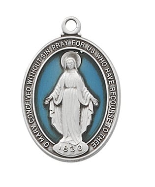 Sterling Silver Blue Miraculous Medal with 18" Rhodium Chain