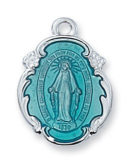 Sterling Silver Blue Enamel Miraculous Medal on 18" Rhodium Plated Chain