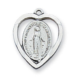 Sterling Silver Miraculous Medal Heart on 18" Rhodium Plated Chain