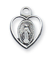 Sterling Silver Miraculous Medal Heart on 16" Rhodium Plated Chain