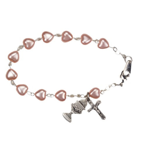 Sterling Silver Pink Heart First Communion Bracelet