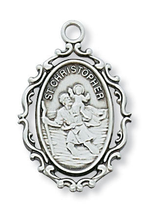 St. Christopher Sterling Silver Oval Medal on 18" Rhodium Plated Chain