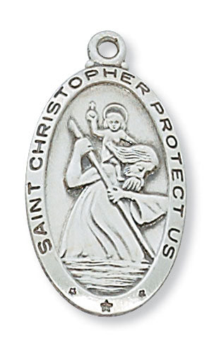 St. Christopher Sterling Silver Engravable Medal on 24" Rhodium Plated Chain