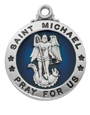 Sterling Silver St. Michael Medal with Blue Epoxy