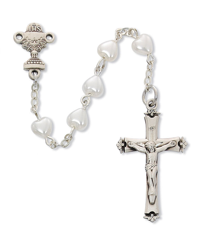 Sterling Silver White Heart First Communion Rosary