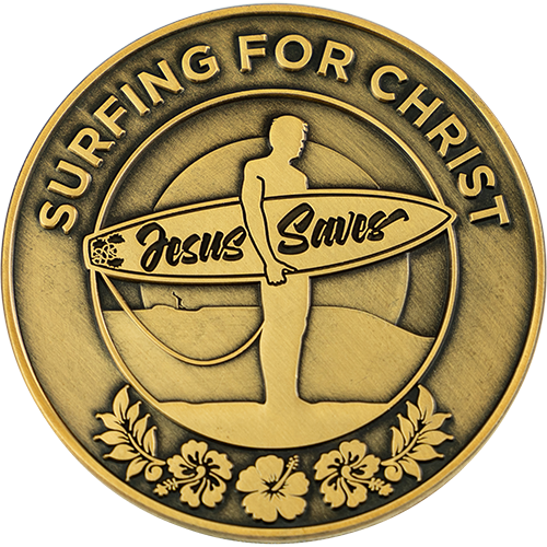 Surfing For Christ Antique Gold Plated Challenge Coin