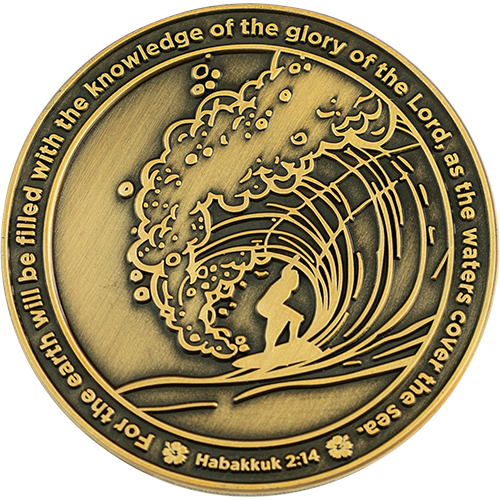 Surfing For Christ Antique Gold Plated Challenge Coin