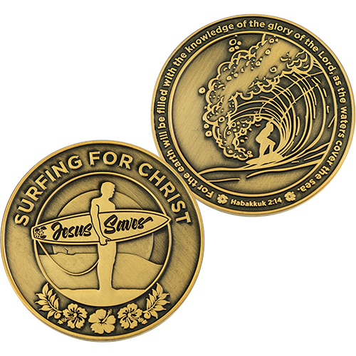 Surfing For Christ Antique Gold Plated Challenge Coin