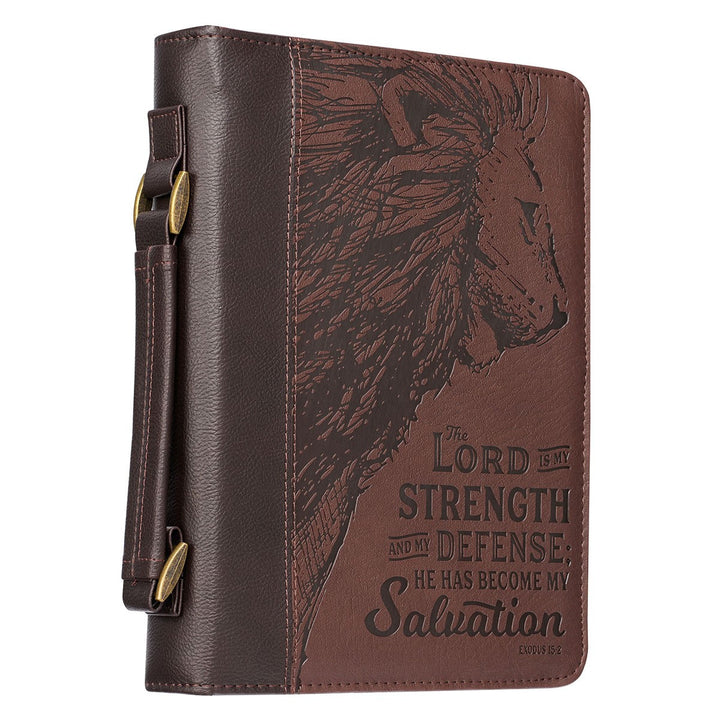 The Lord is My Strength Brown Faux Leather Classic Bible Cover - Exodus 15:2