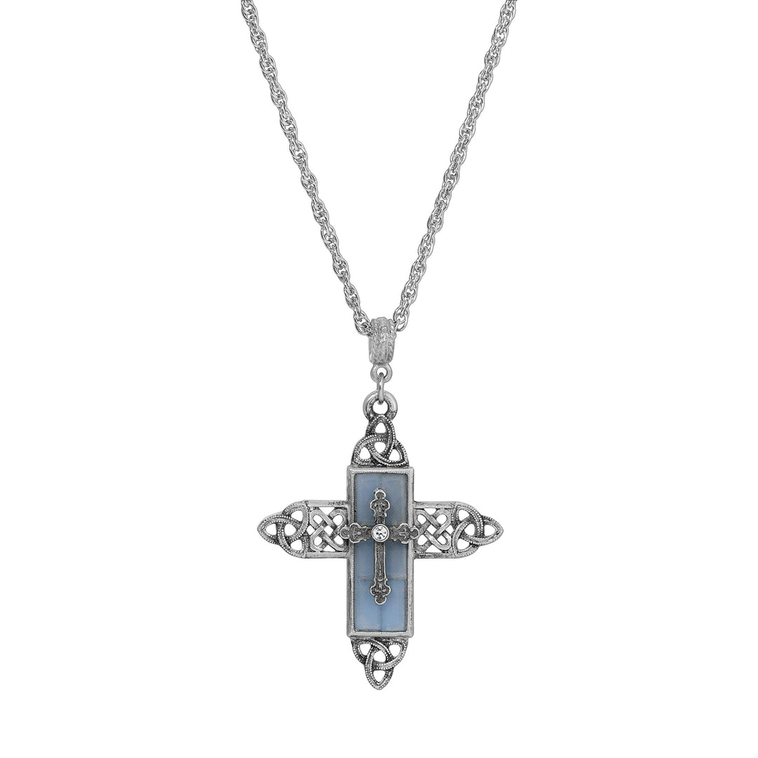 Triquetra Cross Light Blue Glass Necklace