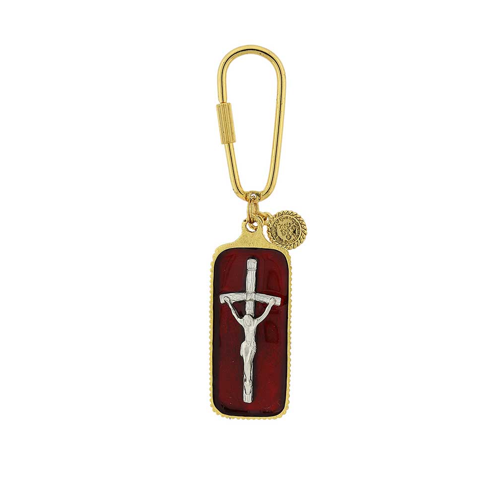 Two Tone Red Enamel Papal Crucifix Key Chain