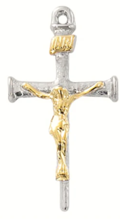 Two Tone Sterling Silver Nail Crucifix with 18" Chain