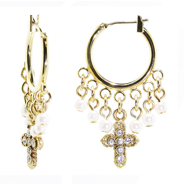 White Faux Pearl and Crystal Cross Hoop Drop Earrings