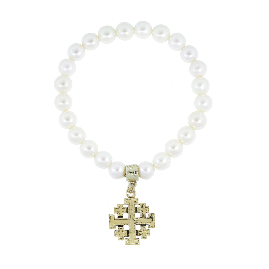 White Costume Pearl Stretch Bracelet with Jerusalem Cross Charm