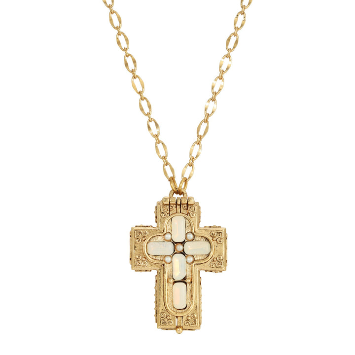 White Opal Stone Faux Pearl Cross Locket Pendant Necklace