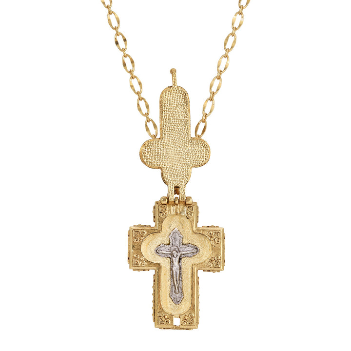 White Opal Stone Faux Pearl Cross Locket Pendant Necklace