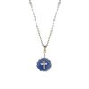 Silver Tone Blue Enamel Crystal Cross Round Necklace